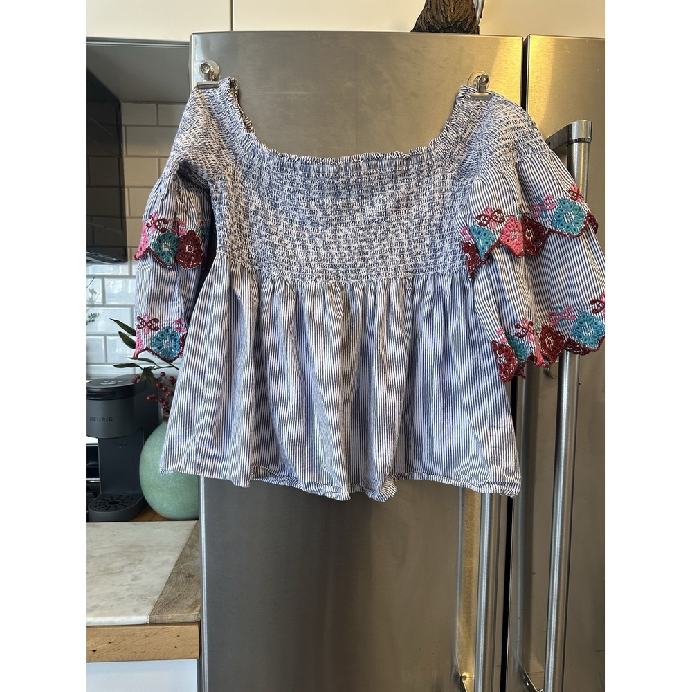 Searsucker Embroidered Square Off The Shoulder Boho Fairy Garden Beauty Crop-top